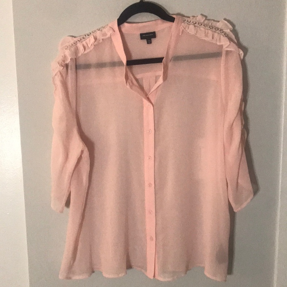 Pink blouse, long sleeve, ruffle/lace detail, button down, sheer, light pink